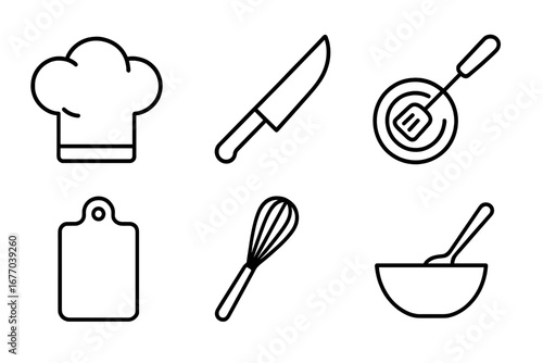 Culinary icon set. Cooking and kitchen tools. Vector line icons of chef hat, knife, pan, spatula, cutting board, whisk, mixing bowl. Gastronomy and restaurant symbols.