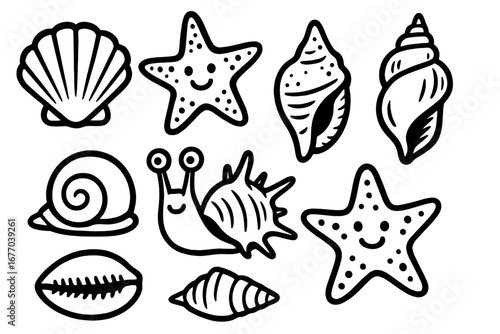 Marine life illustration set. Cute cartoon seashell, starfish, and snail icons. Simple black and white vector doodles. Ocean animal clipart collection for summer decor.