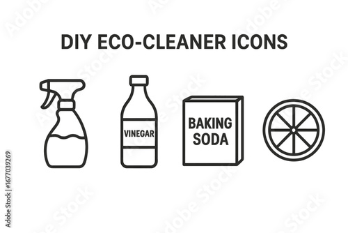 DIY eco cleaner ingredients icon set. Homemade natural cleaning products concept. Vector line icons of vinegar, baking soda, lemon, and spray bottle for sustainable living.