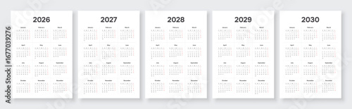 2026, 2027, 2028, 2029, 2030 year annual calendars. White background English language. Includes 12-month with weeks starting on Sunday.