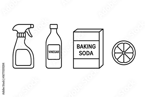DIY eco cleaners outline icon set. Natural ingredients for homemade non-toxic cleaning products. Vector icons of spray bottle, vinegar, baking soda, lemon. Sustainable lifestyle.