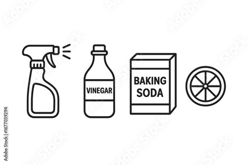 DIY eco-cleaner icons. Natural ingredients for homemade green cleaning. Non-toxic household products concept. Outline vector set with spray bottle, vinegar, baking soda, lemon.