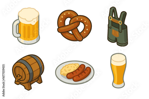 Oktoberfest isometric icon set. German beer festival vector collection with pretzel, sausage, lederhosen, and barrel. Bavarian food and culture celebration graphics.