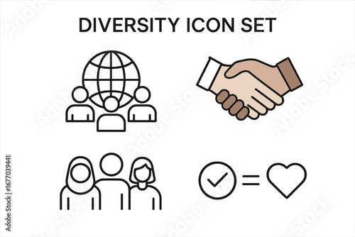 Diversity and inclusion icon set. Vector icons for equity, belonging, and multicultural community. Concepts for teamwork, equality, social justice, race, culture, and partnership.