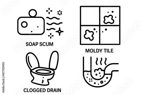 Dirty bathroom line icon set. Household cleaning problems. Unhygienic conditions concept. Soap scum, moldy tile, stained toilet bowl, clogged drain plumbing issue vector.