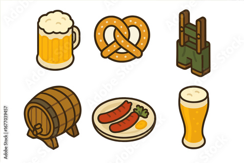 Oktoberfest icon set. Isometric vector illustration of German beer festival symbols. Traditional Bavarian food, pretzel, sausage, beer mug, lederhosen, and wooden barrel.