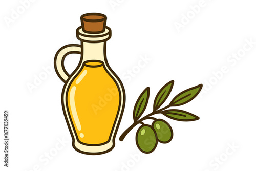 Olive oil bottle and branch illustration. Healthy eating. Mediterranean diet. Extra virgin. Natural organic food. Green olives. Glass jug for cooking. Greek, Italian cuisine.