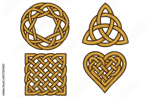 Celtic knot set vector illustration. Triquetra, heart, endless and shield knot. Traditional Irish ornament symbol. Ancient pagan witchcraft rune. Ethnic tattoo design.