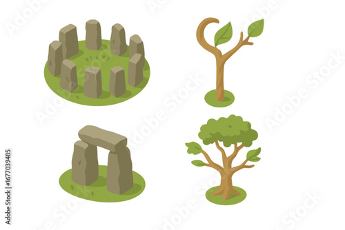 Druidic ritual isometric icon set. Celtic pagan symbols for nature worship. Vector collection with sacred tree, ancient stone circle, dolmen and magic wooden staff illustration.