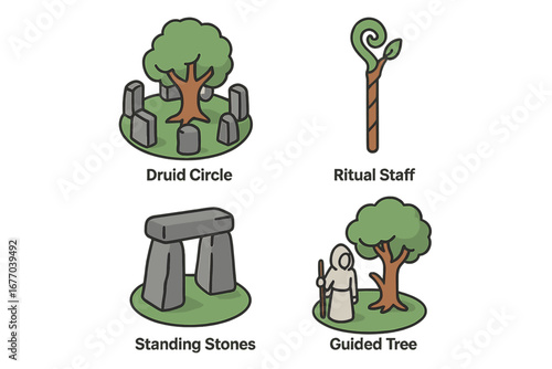 Druidic ritual icon set. Isometric vector graphics of pagan and celtic symbols. Nature worship, magic, and fantasy concepts. Includes sacred tree, stone circle, and druid priest.