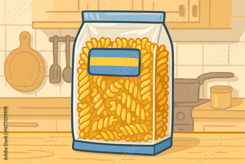 Pasta package mockup vector illustration. Fusilli or rotini in clear packaging on a kitchen counter. Concept for cooking, grocery, food ingredient, pantry, and carbohydrates.