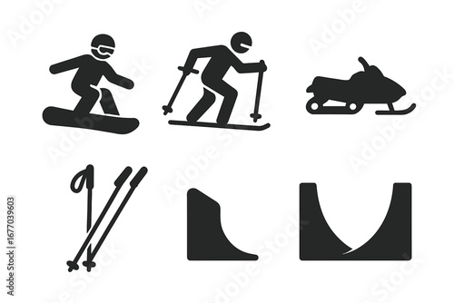Winter sports icons set. Vector glyph collection of extreme sports. Snowboarder, skier, snowmobile, ski poles, and halfpipe ramp pictograms. Winter activity silhouette.