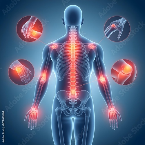 Human anatomy showing joint pain and inflammation in the body