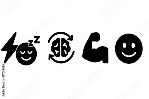 Power nap solid icons. Vector illustration of sleep benefits: energy boost, brain refresh, cognitive function, muscle recovery, improved mood. Health and wellness concept glyphs.