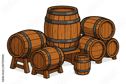 Set of wooden barrels for wine or beer. Vector cartoon illustration. Rustic old oak cask for alcohol storage in a cellar or pub. Vintage container for whiskey or rum.