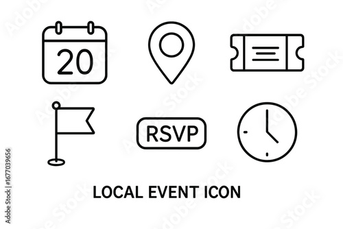 Event icon set. Local event line icons collection. Calendar, date, schedule, map pin, location, ticket, admission, flag, RSVP, time, clock. Vector pictograms for web design.