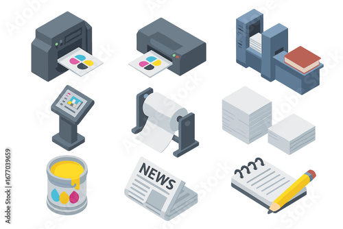 Printing industry isometric icon set. 3d vector collection of publishing and typography equipment. Print press, paper roll, CMYK ink, office printer, newspaper machine.