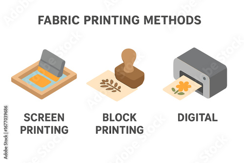 Fabric printing methods vector icon set. Isometric illustration of screen printing, block printing, and digital textile printing. T-shirt production and DIY craft concept.