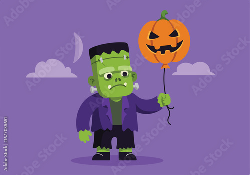 A green Frankenstein's monster character holding a pumpkin-shaped balloon, celebrating Halloween with a fun, spooky vibe against a purple background
