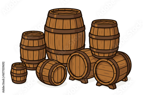 Collection of wooden barrels for alcohol. Vector illustration of rustic vintage casks for wine, beer, or whiskey. Old cooperage container objects for a winery, pub or cellar.