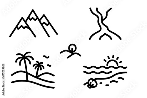 Geographic icon set of landscapes. Outline doodle collection with mountain range, river delta, tropical beach with palms, ocean sunset. Simple vector symbols for nature & travel.