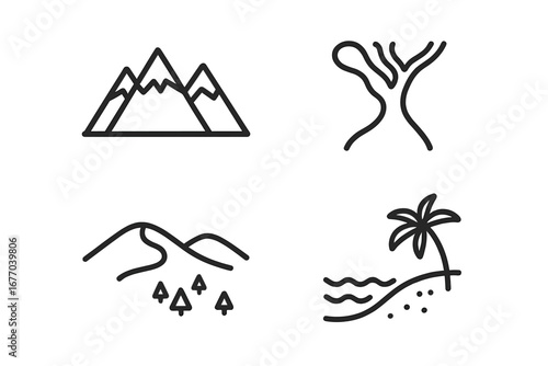 Geographic icon set. Nature and landscape line icons. Mountain range, desert dune, coastal beach with palm tree, and bare tree. Vector symbols for travel and environment.
