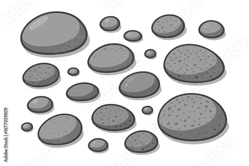 Set of smooth and textured pebbles. Various gray stones collection. Nature rock element for spa, meditation and zen garden design. Simple minimalist vector cartoon illustration.