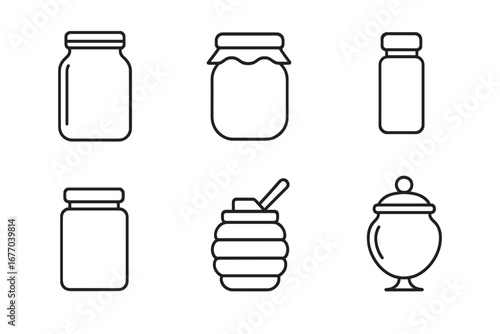 Glass jar outline icon set. Vector collection of various kitchen containers like mason, jam, spice, pickle, honey pot, and candy jars. Food preservation and storage concept.