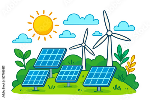 Renewable energy concept with solar panels and wind turbines. Green power generation. Sustainable technology for a clean environment. Eco friendly ecology vector cartoon illustration.