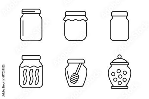 Glass jar outline icon set. Linear vector graphic of mason jar, jam, honey pot, candy jar, pickles. Kitchen container symbol collection for food preservation and storage concept.