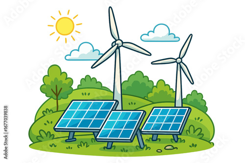 Renewable energy concept with solar panels and wind turbines. Eco-friendly power generation from sun and wind. Sustainable technology in a green landscape. Vector cartoon.