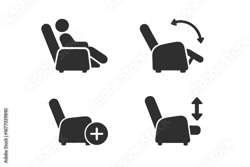 Recliner chair function icon set. Armchair pictogram collection. Man relaxing on adjustable furniture. Seat lift mechanism, comfort position and footrest vector icons.