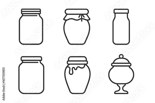 Glass jar icon set. Outline vector collection of various kitchen containers. Mason, jam, honey, pickle, spice and candy jars. Food storage and preservation concept.