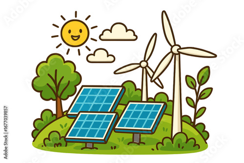 Renewable energy concept with solar panels and wind turbines. Eco-friendly power generation illustration. Green technology for sustainability. Cartoon vector of nature and sun.