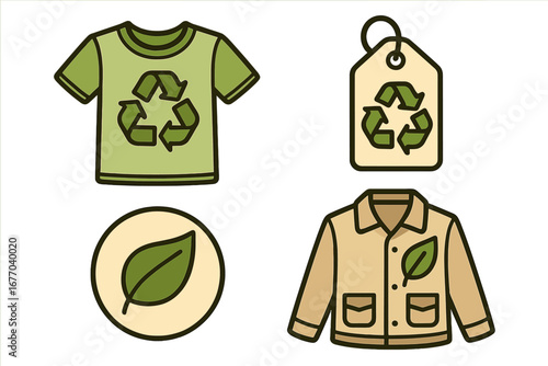 Sustainable fashion icon set. Eco-friendly, recycled materials concept. Slow fashion, ethical clothing symbols. Green leaf, recycle sign on t-shirt, jacket, and tag.