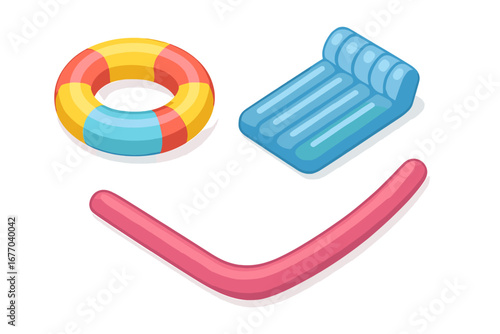 Inflatable pool icons set. Isometric flat design of pool accessories. Pool float ring, inflatable mattress, and pool noodle forming a happy smiling face. Summer vacation fun.