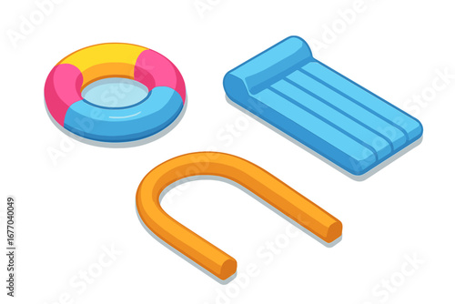 Isometric inflatable pool accessories icon set. Vector collection with swim ring, air mattress and pool noodle. Summer vacation float objects for water fun and beach leisure.