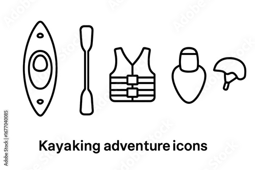 Kayaking adventure outline icon set. Vector collection of essential water sport equipment symbols: kayak, paddle, life jacket, spray skirt, helmet. Linear pictograms for design.