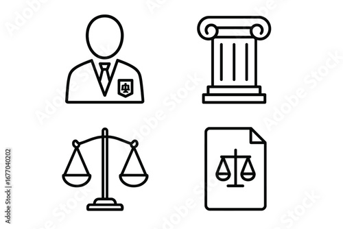 Law and justice line icon set. Vector collection of legal symbols like attorney, courthouse column, scales of justice, and case file. For law firm, court, or lawyer website.