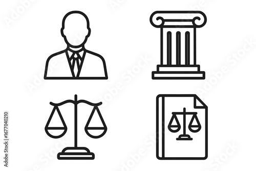 Legal icon set for law and justice. Outline icons of public defender, attorney silhouette, courthouse column, legal scales, and case file. Vector for lawyer and court.