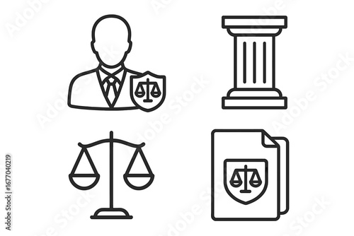Legal icon set with lawyer and scales of justice. Outline vector icons of public defender, courthouse column, law protection shield, and case file. Court and justice symbols.