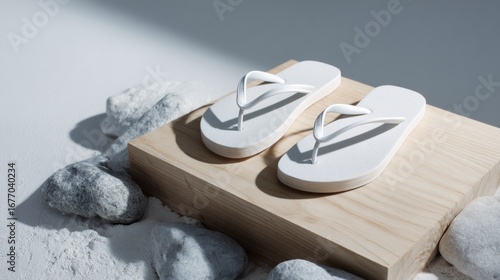 White sandals on wooden display lifestyle product photography modern commercial branding stylish composition minimal fashion design