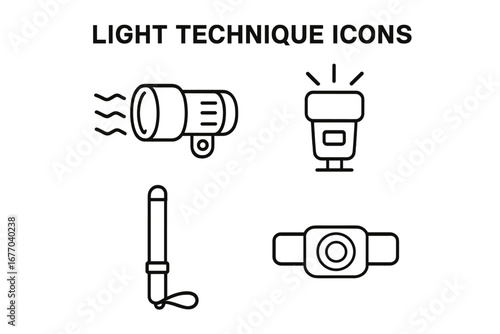 Lighting equipment outline icon collection. Vector icons of underwater torch, camera strobe flash, chemical lightstick, and headlamp. For diving, photography, safety, camping.