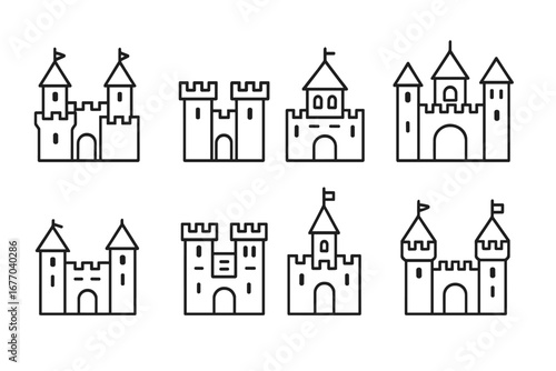 Castle line icon set. Simple medieval fortress and tower pictogram collection. Historical architecture symbol pack. Vector graphic of fairytale palace and citadel outlines.