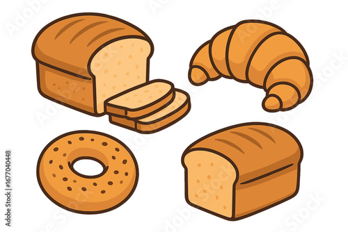 Set of cartoon baked goods. Vector illustration of bread, croissant, bagel, and loaf. Bakery food collection for breakfast menu design. Fresh pastry isolated on white background.