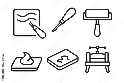Printmaking tools outline icon set. Linocut and woodcut craft equipment. Vector symbols of lino block, carving tool, brayer roller, ink slab, and printing press. Art hobby.