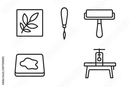 Printmaking tools outline icon set. Linocut and block printing craft equipment. Vector graphic includes lino block, carving tool, brayer roller, ink slab, and printing press.