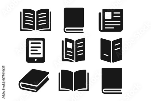 Reading literature solid icon set. Book silhouette symbols. Library study publication concept. Ebook, newspaper, magazine icons. Education knowledge pictogram glyph collection.