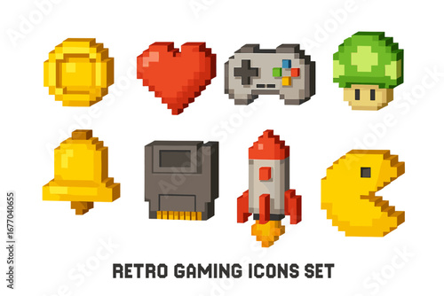Retro gaming pixel art 3D icons set. Classic 8-bit video game symbols. Arcade graphics collection with coin, heart, life, gamepad, rocket, cartridge, mushroom, bell vector.