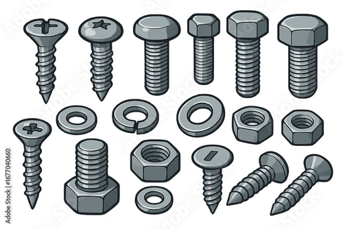 Big set of metallic fasteners for construction and repair. Screws, bolts, washers, and nuts collection. Industrial hardware elements. Vector cartoon ironmongery icons isolated.